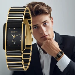 BERNY Ceramic Quartz Watch for MEN/Women Luxury Stainless Steel Rectangle Wristwatch Waterproof Calendar Golden Couple Watches