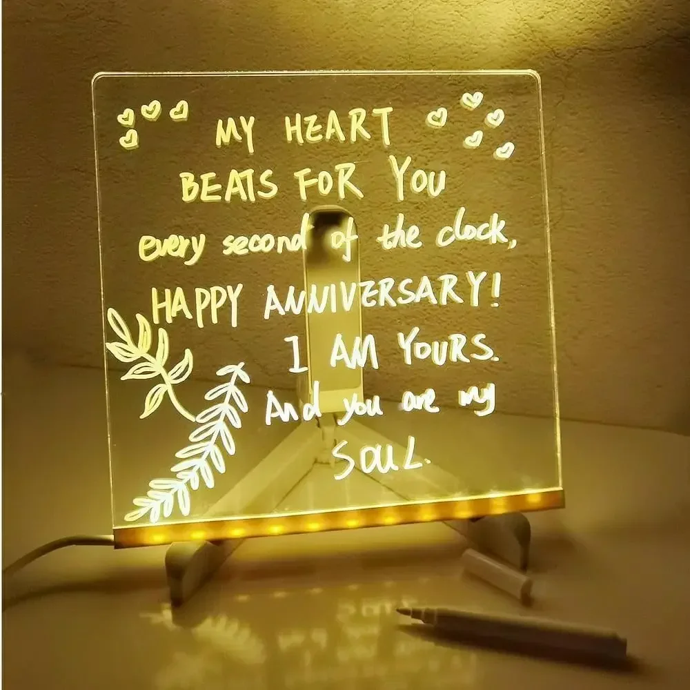 Tablero de notas LED con colores, dibujo acrílico brillante con tablero de borrado en seco iluminado con soporte como letra de notas brillante