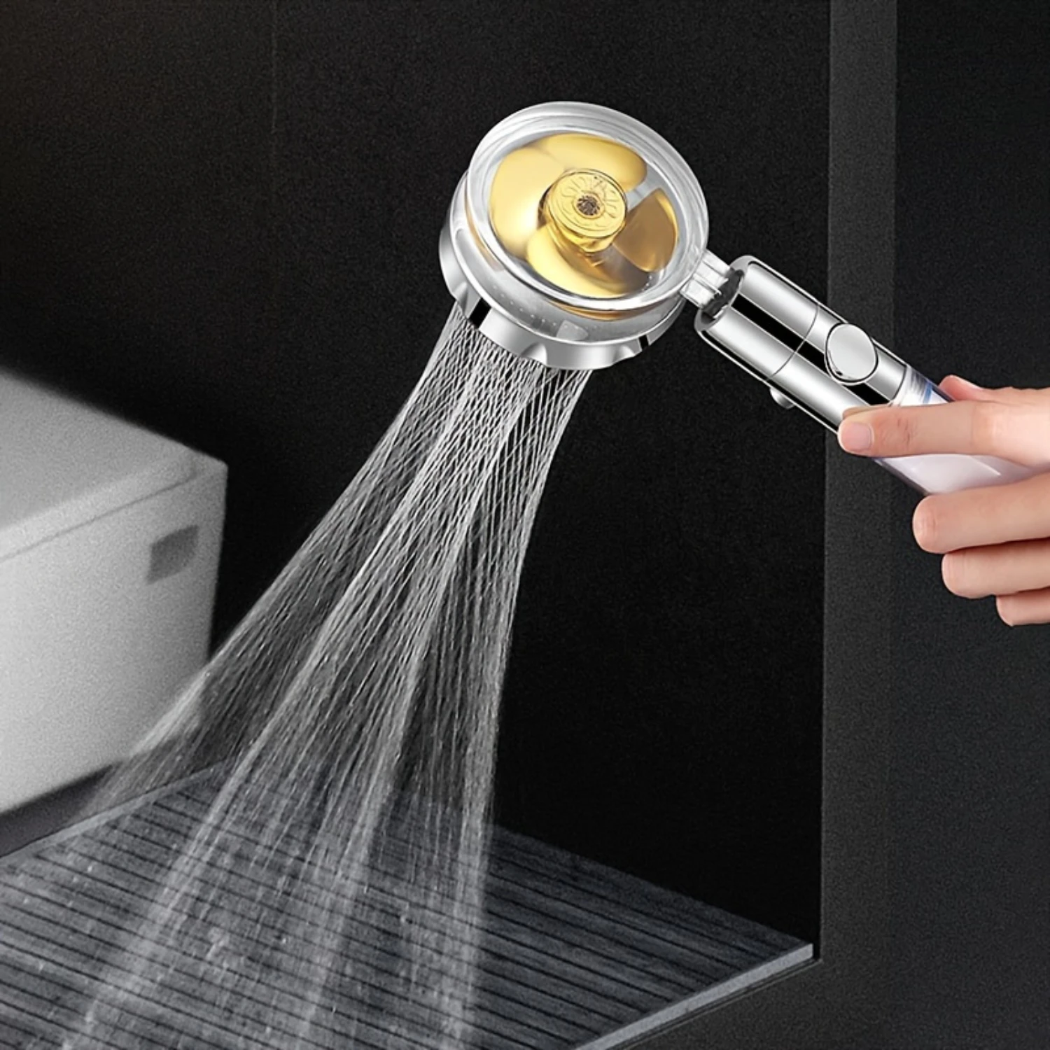 1pc Propeller Driven Handheld Shower Head, High-Pressure Shower Head With Filter And Pause Switch, Bathroom Shower Nozzle, Showe