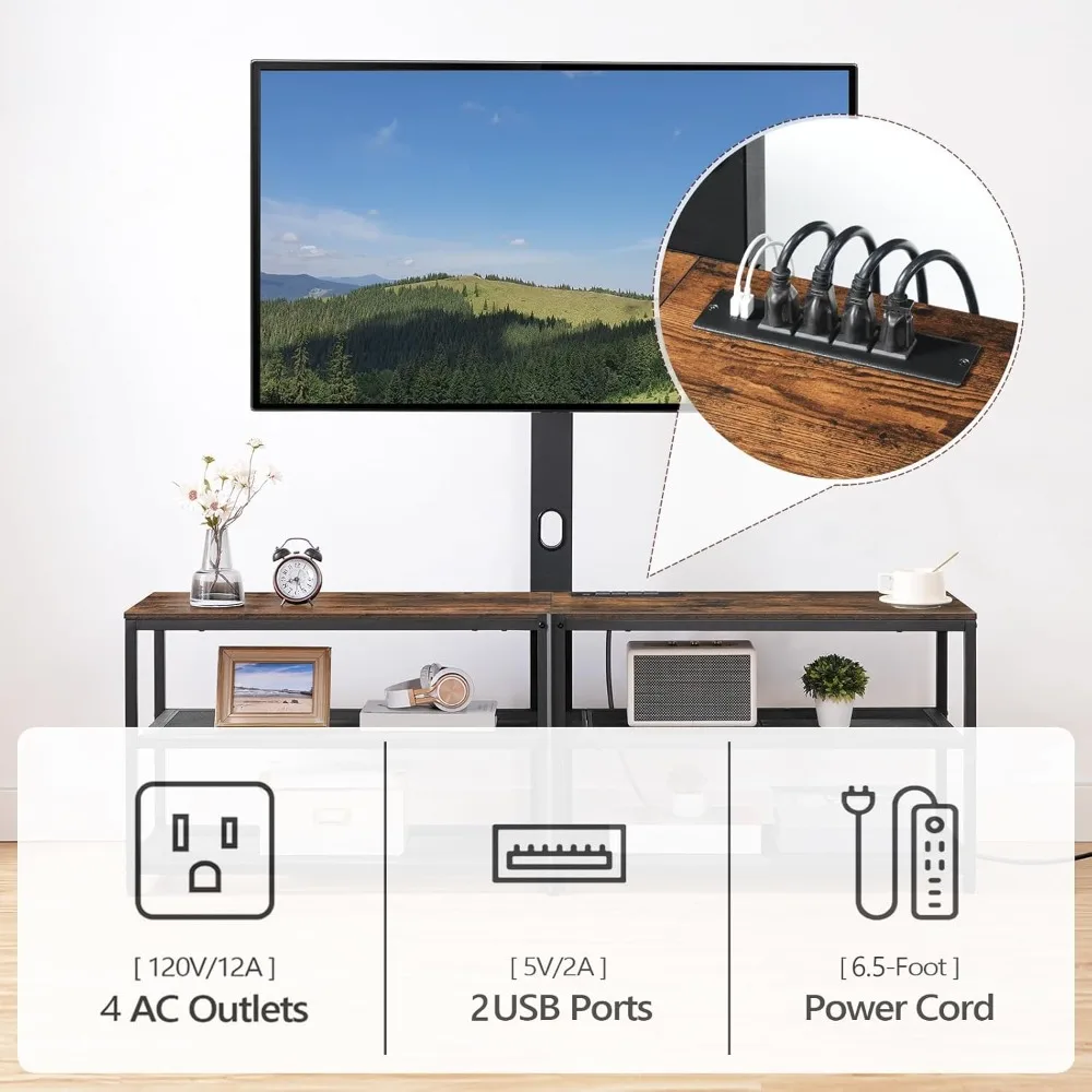 حامل تلفزيون دوار لأجهزة التلفاز مقاس 75 بوصة: مركز ترفيهي مزود بـ 4 منافذ طاقة وحامل