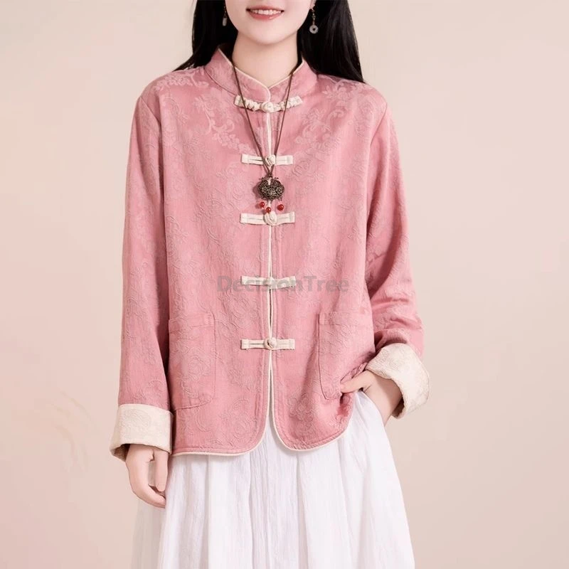 

2025 chinese style cotton and linen disc buckle top vintage literature art zen garment stand collar long sleeeved hemp coat