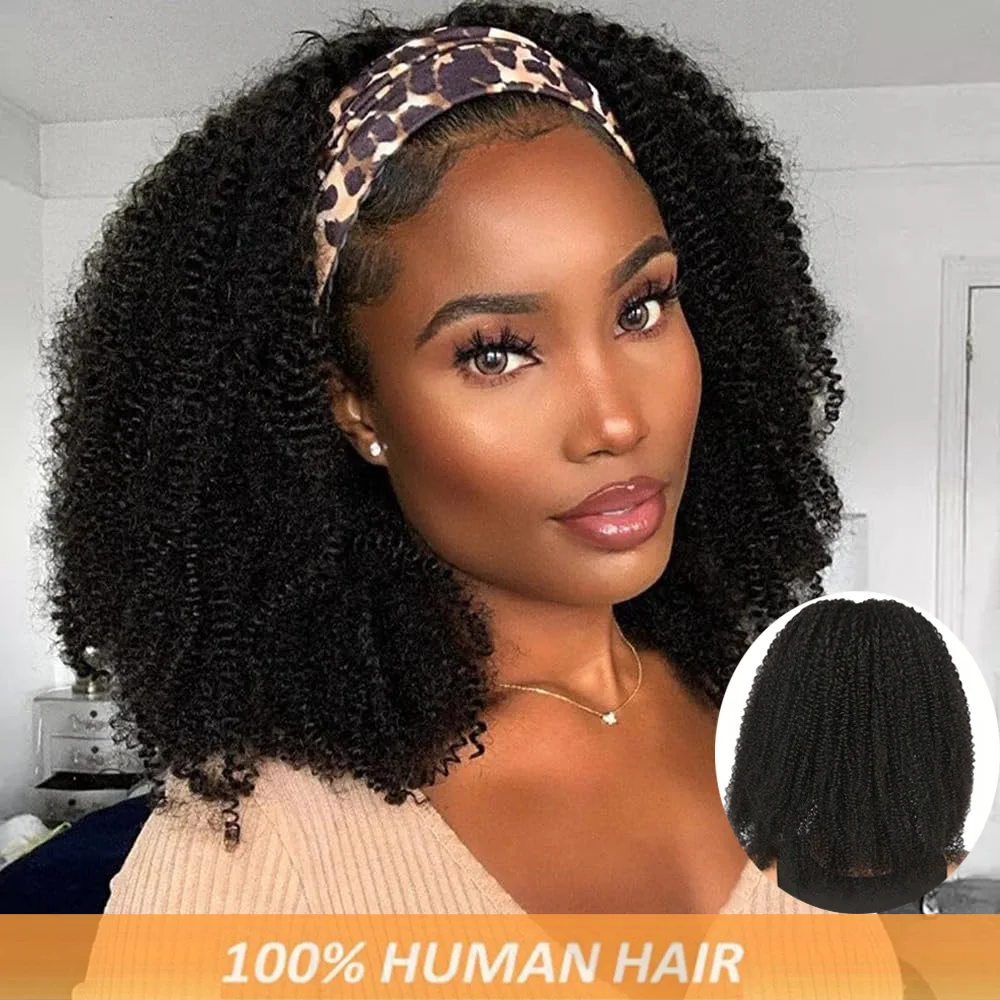 Afro Kinky Curly Headband Bob Wig 100% Human Hair Short Bob Wigs for Women Friendly,Machine Made Headband Wigs Lightweight