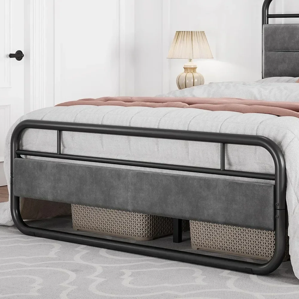 #For Queen Bed Frame Heavy Duty Metal Bed with Curved Upholstered Headboard Dark Grey Queen Beds&