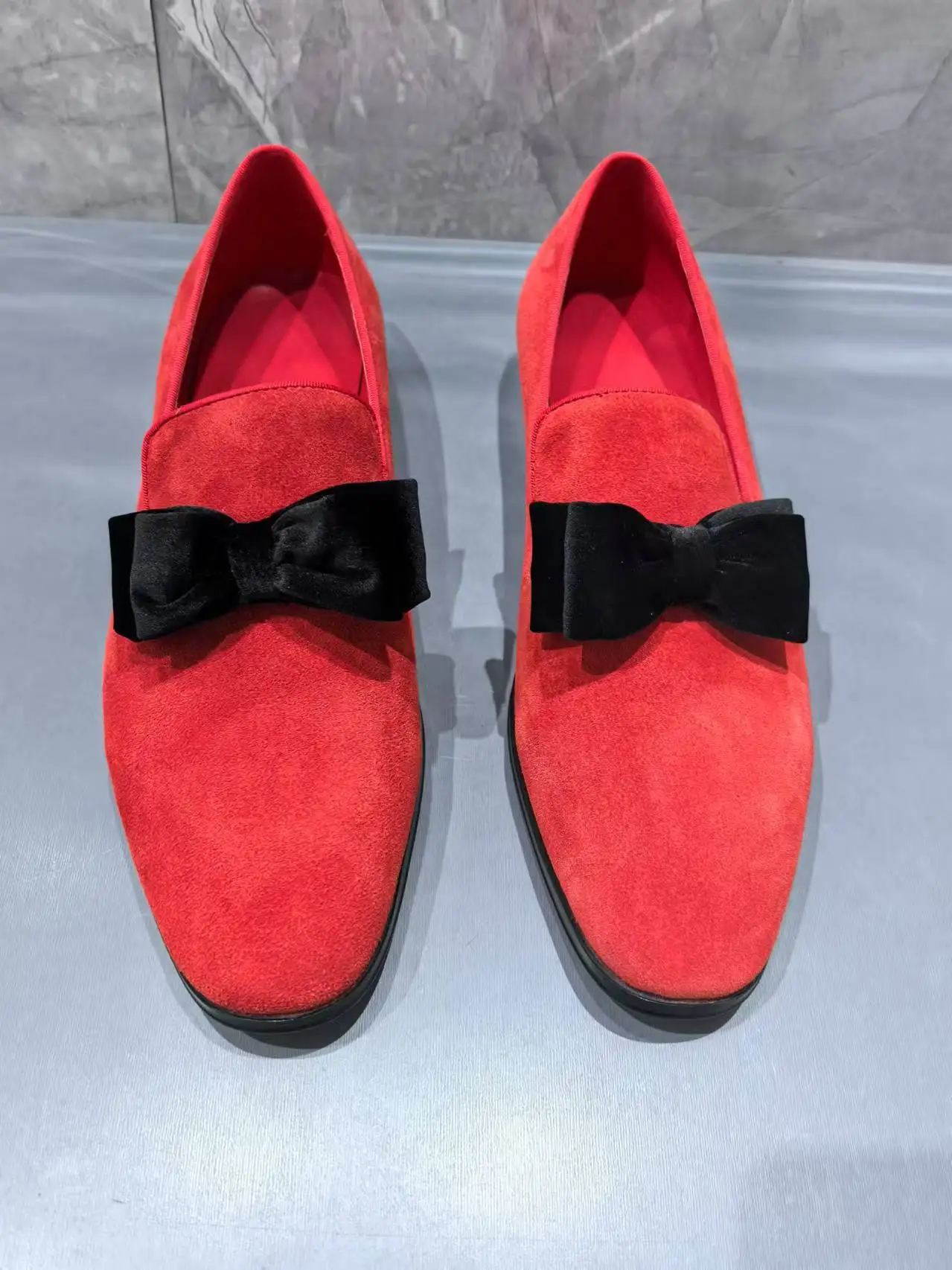 

Men Red Suede Loafers with Black Bowknot Stylish Slip On Dress Shoes Comfortable Elegant for Wedding Party Prom Formal Occasions