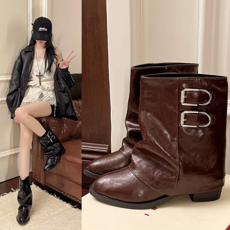 Soft Leather Ankle Mid Calf Boots Winter Autumn High Platform Wedge British Booties Woman New Ladies Chunky Motorcycle Boots 42