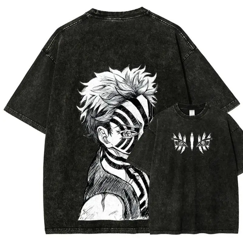 Beliebtes Anime Washed Retro Akaza T-Shirt mit Manga-Muster, Herren-T-Shirt, Sommer, neuer Stil, Unisex, lässiges T-Shirt