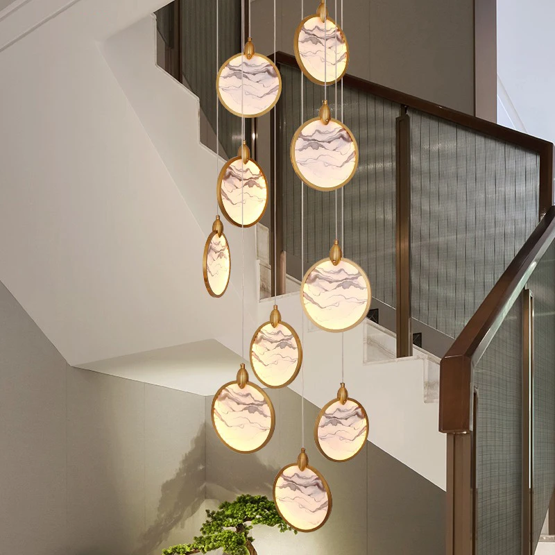 

Full Copper Chinese Style Pendant Lights Long Staircase Chandelier for Duplex Villa Zen Tea House Home Decor Lighting Fixtures