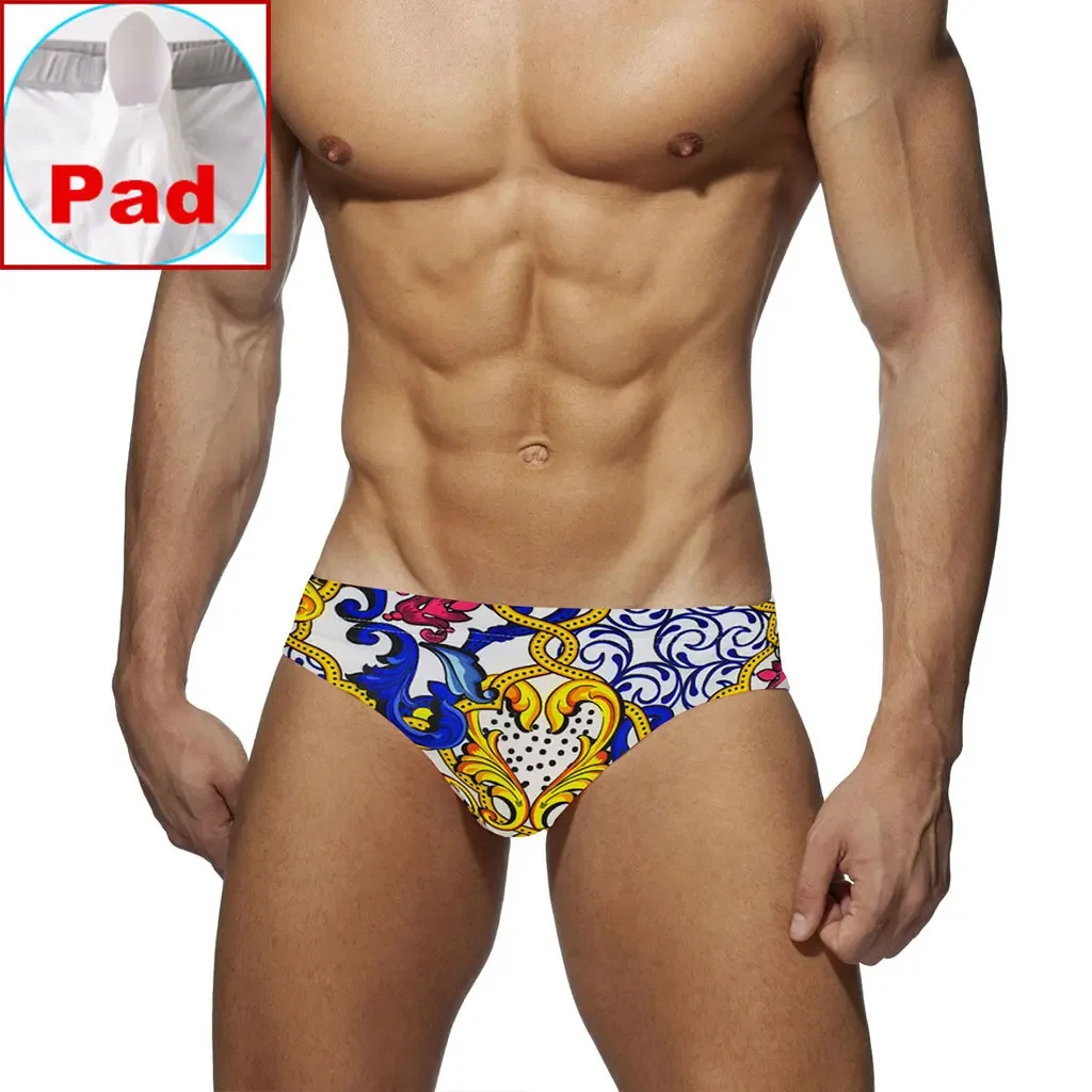 Men's Swim Briefs Sexy White Swimming Trunks Gay Swimwear Men Printed Pad Swimsuit Beach Shorts Bikini Swimsuits Man Beachwear