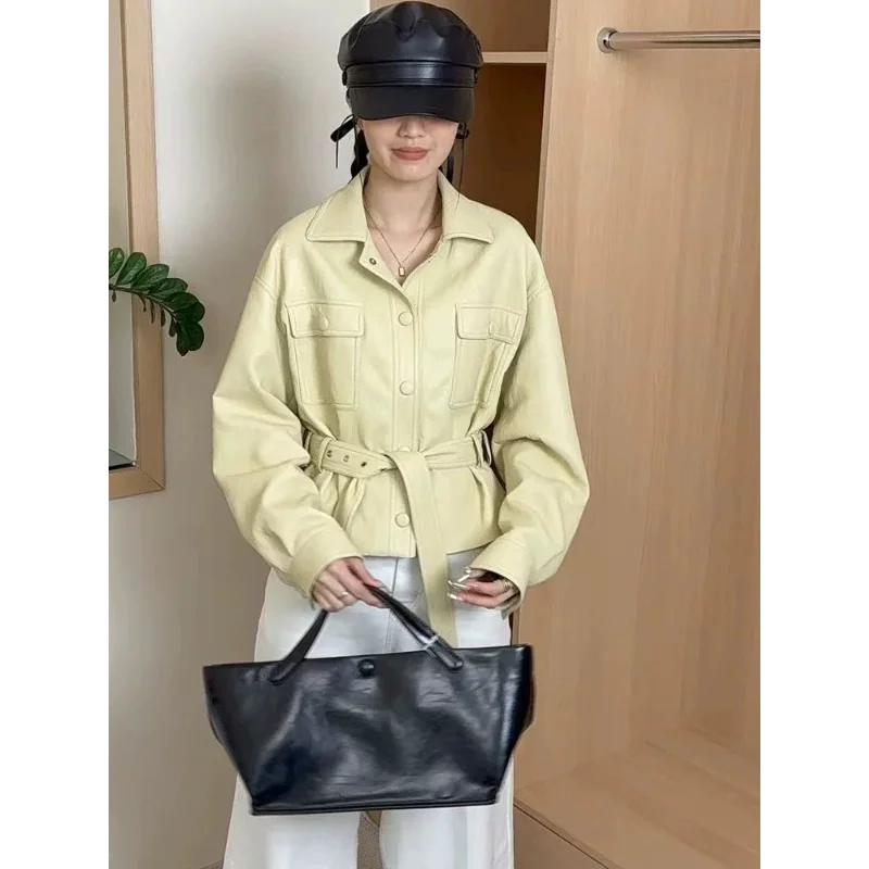 

Lapel Single-breasted Short For Women Loose Lace-up Waist Top