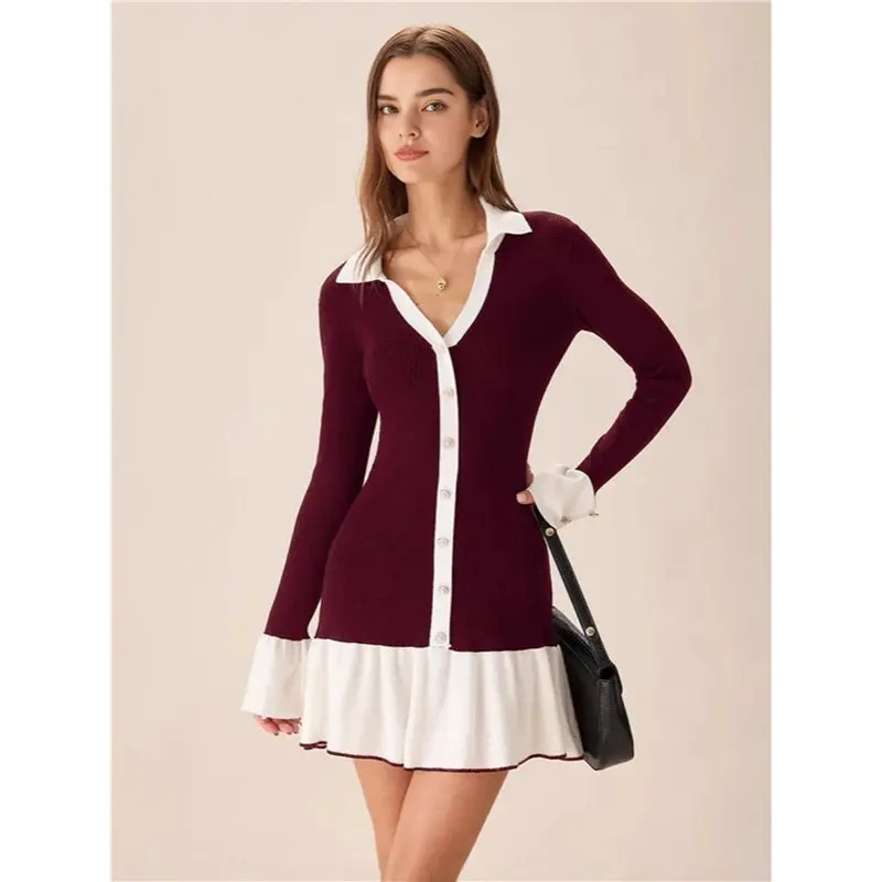 CYL-レディース長袖フリルヘムニットセータードレス、襟付きバックタイノットカットアウトミニボディコンドレス