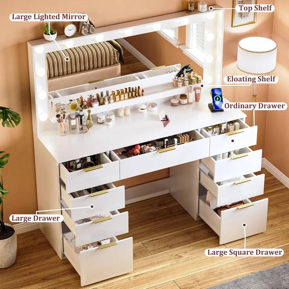 

Vanity Desk with Large Mirror and Lights, 45.3in Makeup Vanity with Power Outlet 9 Drawers & Storage, 3 Lighting Color Adjustabl