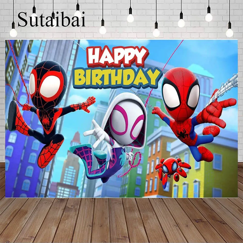 Spidey and His Amazing Friends Backdrop Cartoon Superhero Spiderman Themed Photography Backdrops for Girl Kids Birthday Party