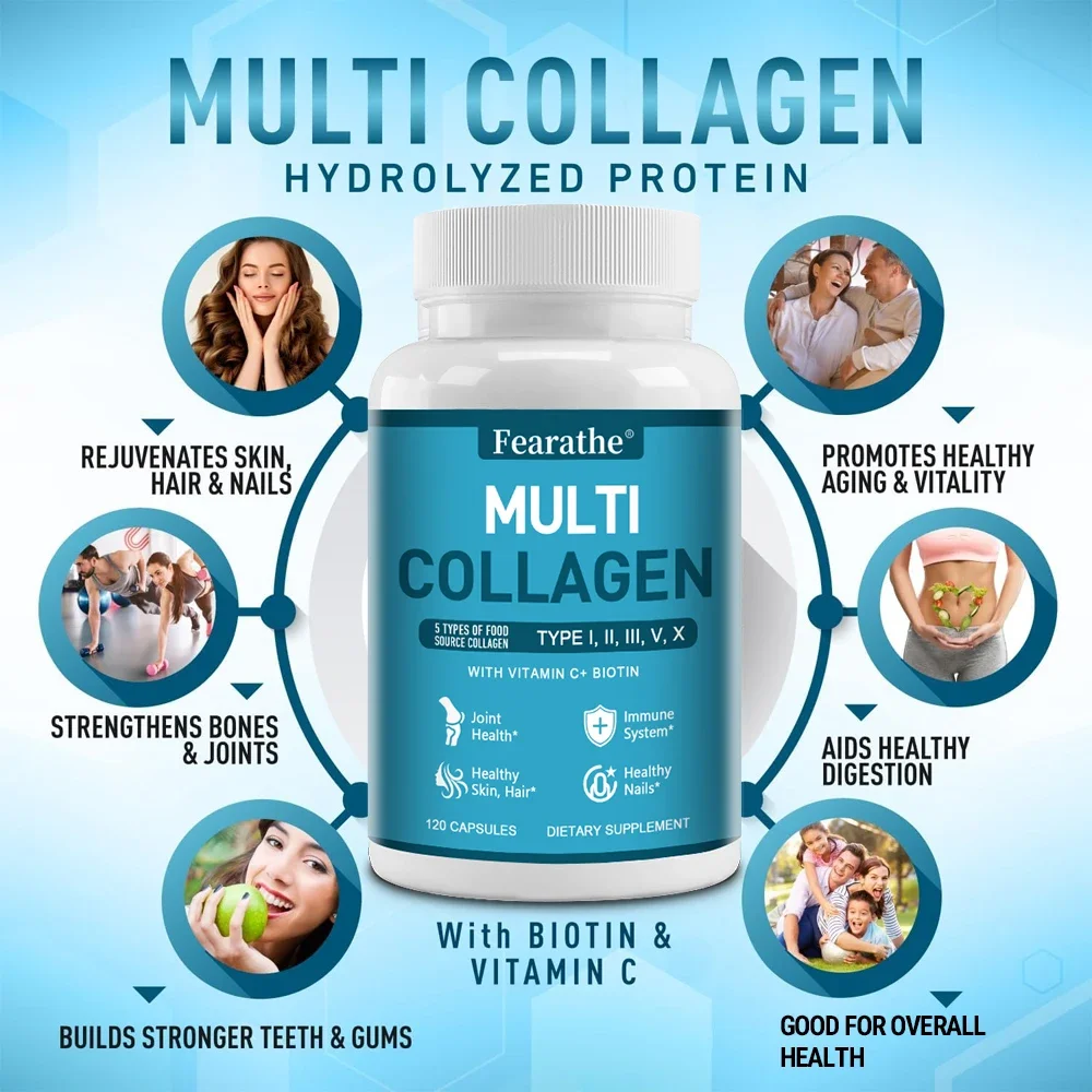 Premium Multi-Collagen Peptides - Collagen for Skin, Hair, Nails & Joints, Vitamin C, Biotin, Gluten Free, 120 Collagen Capsules