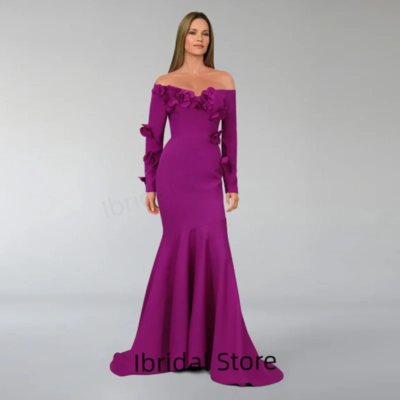 

Индивидуальные фиолетовые вечерние платья без бретелек 2025 атласные с открытыми плечами и длинными рукавами с цветочным узором Русалка длиной до пола со шлейфом и плиссировкой