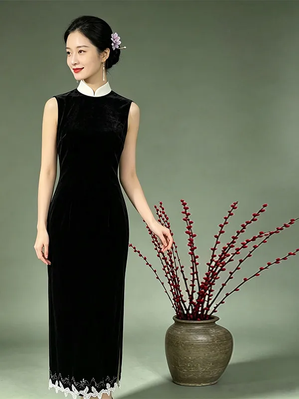 Black Velvet Sleeveless Young Style Qipao Evening Dress Autumn New Chinese Style Waist-Cut Long round Collar Traditional Fit