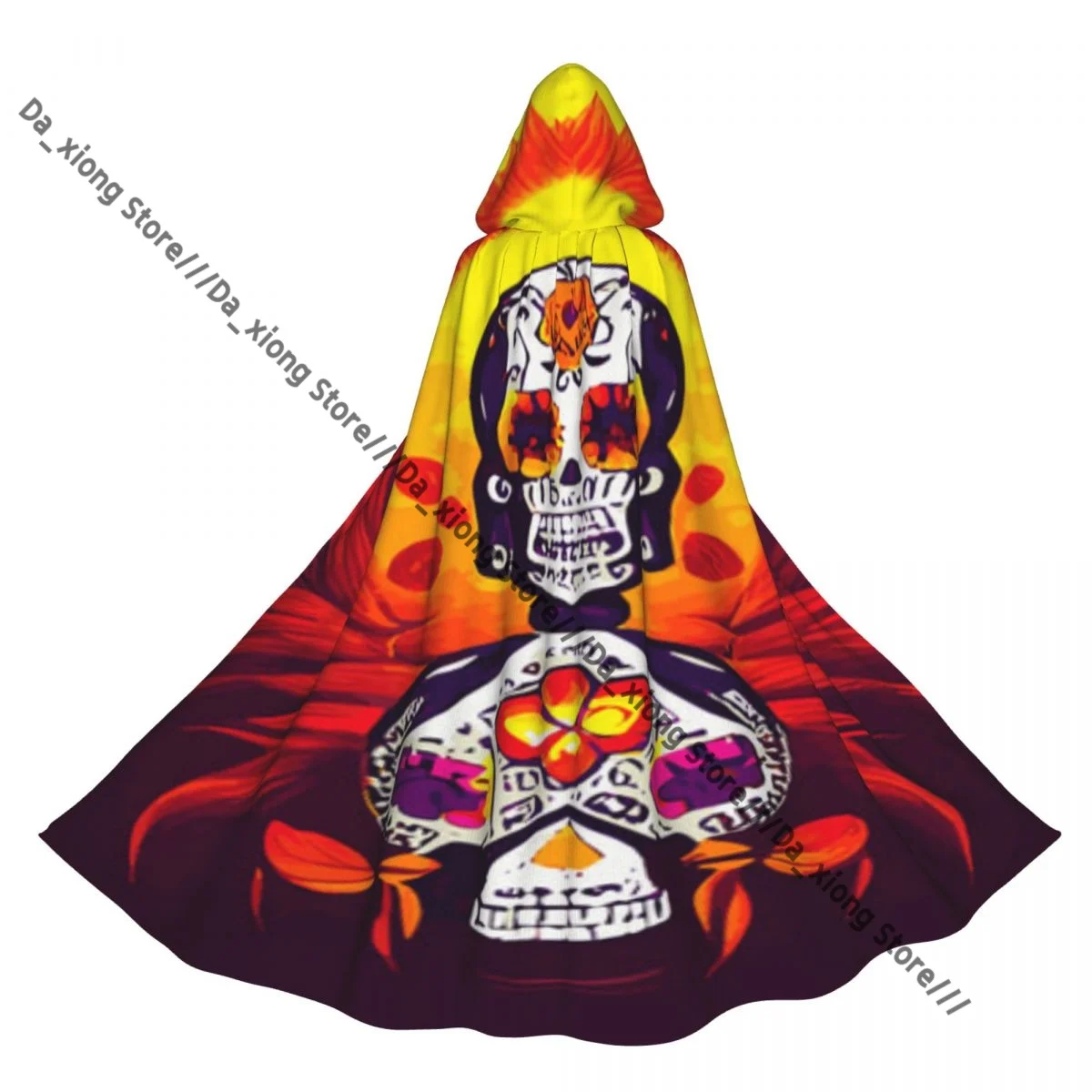 Day Of Dead Mexican Sugar Skulls Witch Cloak Hooded Cosplay Costume Halloween Adult Long Party Cape