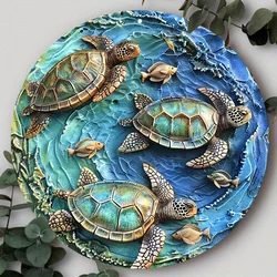 Turtle Metal Sign Wall Art, Aluminum Wreath Decor, Waterproof Home Decoration - Weather Resistant Circular Turtle Scene for Home