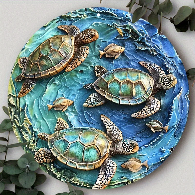 Turtle Metal Sign Wall Art, Aluminum Wreath Decor, Waterproof Home Decoration, Weather Resistant Circular Turtle Scene for Home