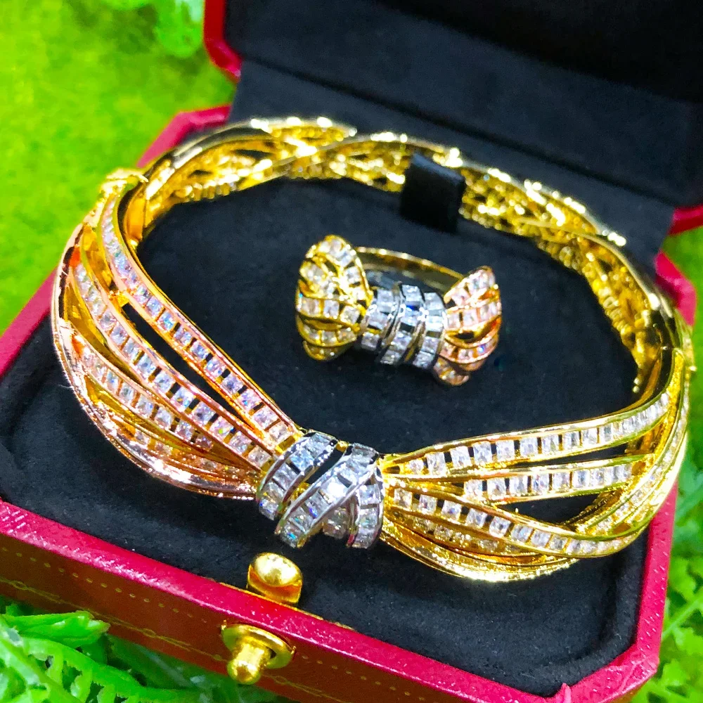 

Soramoore Luxury 2PC Bow Bangle Ring Set Jewelry Sets For Women Wedding Spring Summer Heartbeat Items Fashion Romantic Girl Gift