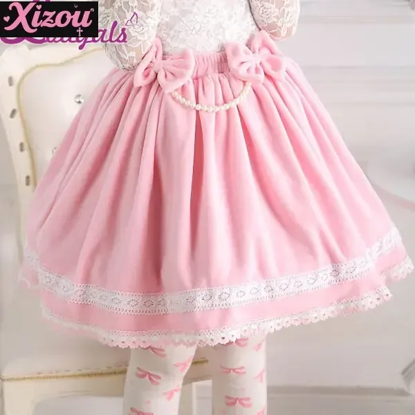 

Японская милая розовая юбка в стиле Лолиты с эластичной резинкой на талии, плиссированная женская короткая юбка из флиса с бантом и жемчужной цепочкой на зиму