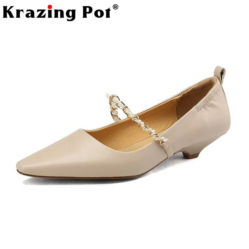 

Krazing Pot Size 42 Cow Split Leather Square Toe Med Heels Spring Shoes Shallow Chains French Romantic Grace Slip on Women Pumps