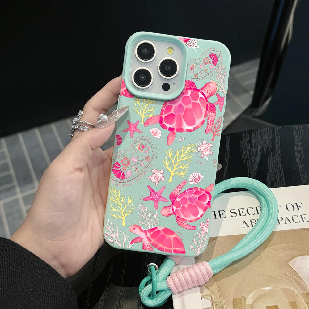 Wrist Strap Case For iPhone 13 14 Pro Max Cases iPhone 11 12 17 ProMax 13 15 Plus XR Coastal Sea ​​Turtle INS With Lanyard Cover - view 2
