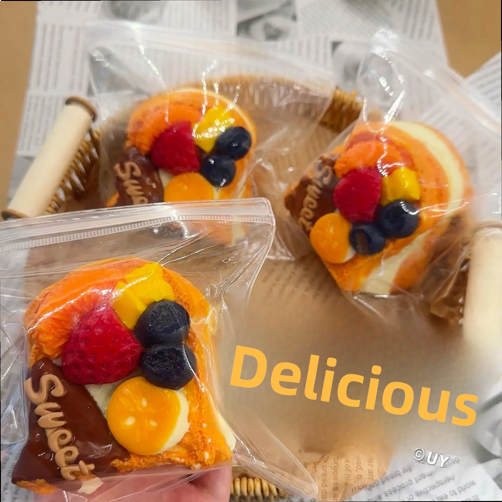 3-Layer Fruit Chocolate Toast Squishy Food Grade Silica Gel Stress Relief Toy Ultra Soft Slow Rising Mud Feel Wholesale