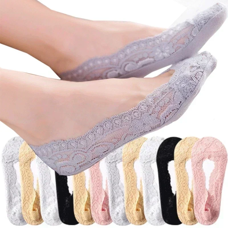 5Pairs Women Boat Socks Summer Slippers Non-slip Breathable Lace Lace Invisible Sock Sexy Non-slip Cool Thin Socks Fashion Sock