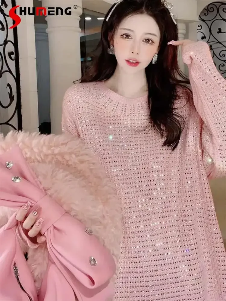 Women's New High Street Shiny Hot Diamond Round Neck Knitted Sweaters Over Size Versatile Long Sleeve Pullover Solid Color Tops