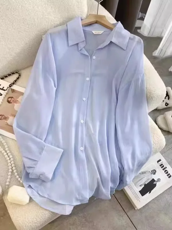 

Extra Large Size Women's Summer Lightweight Loose Breathable Sun Protection irt Collar Long Sve Polyester Fiber