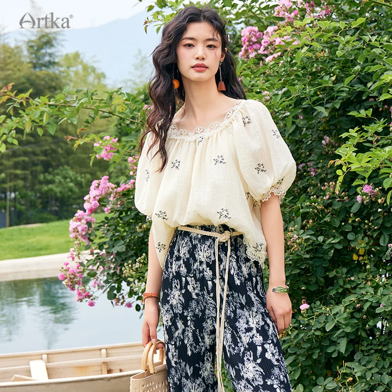 ARTKA 2023 Summer New Women Blouse Elegant Lace O-Neck Loose Shirts Short Puff Sleeve Flower Embroidery Blouse Female SA92238X