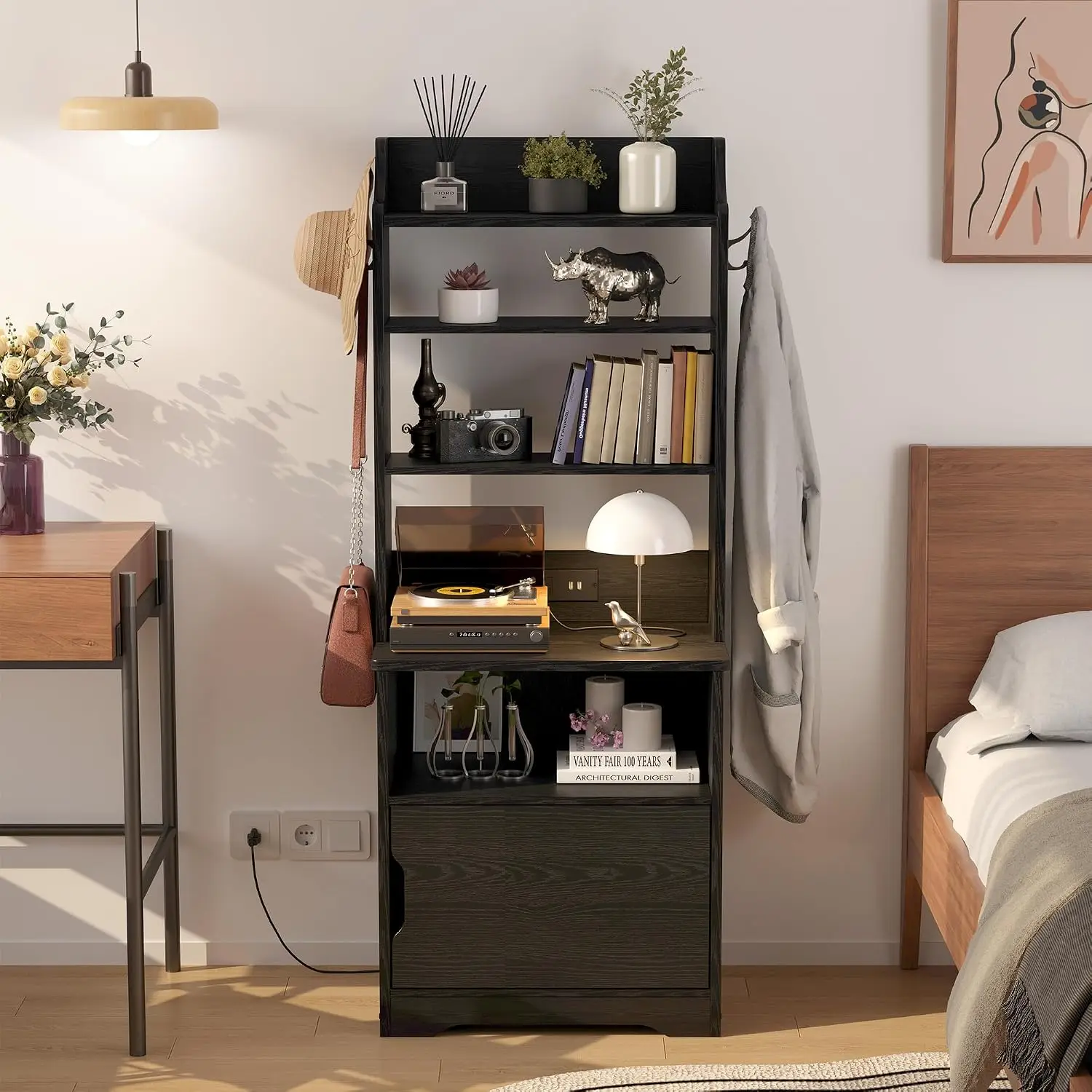 Nightstand, 55" Tall End Side Table with Charging Station and Storage Cabinet, Small Bookshelf