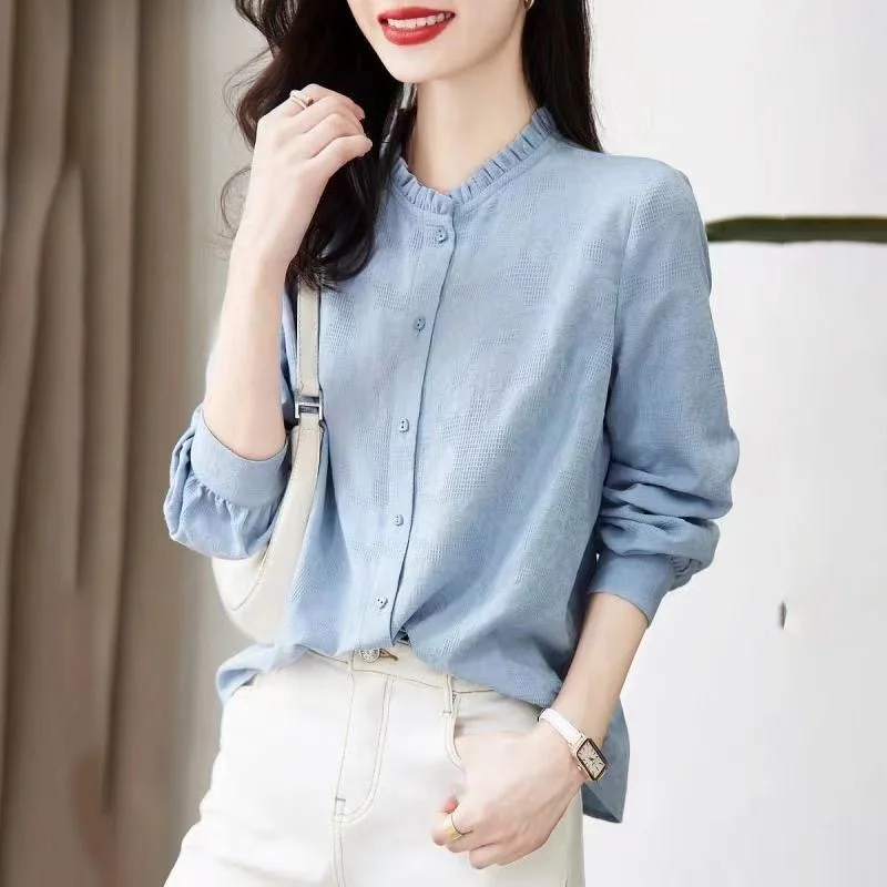 Blouses Loose Thin Solid Ruffled Button Straight Casual Elegant Trend Simplicity Spring Summer Comfortable Women\'s Clothing 2022