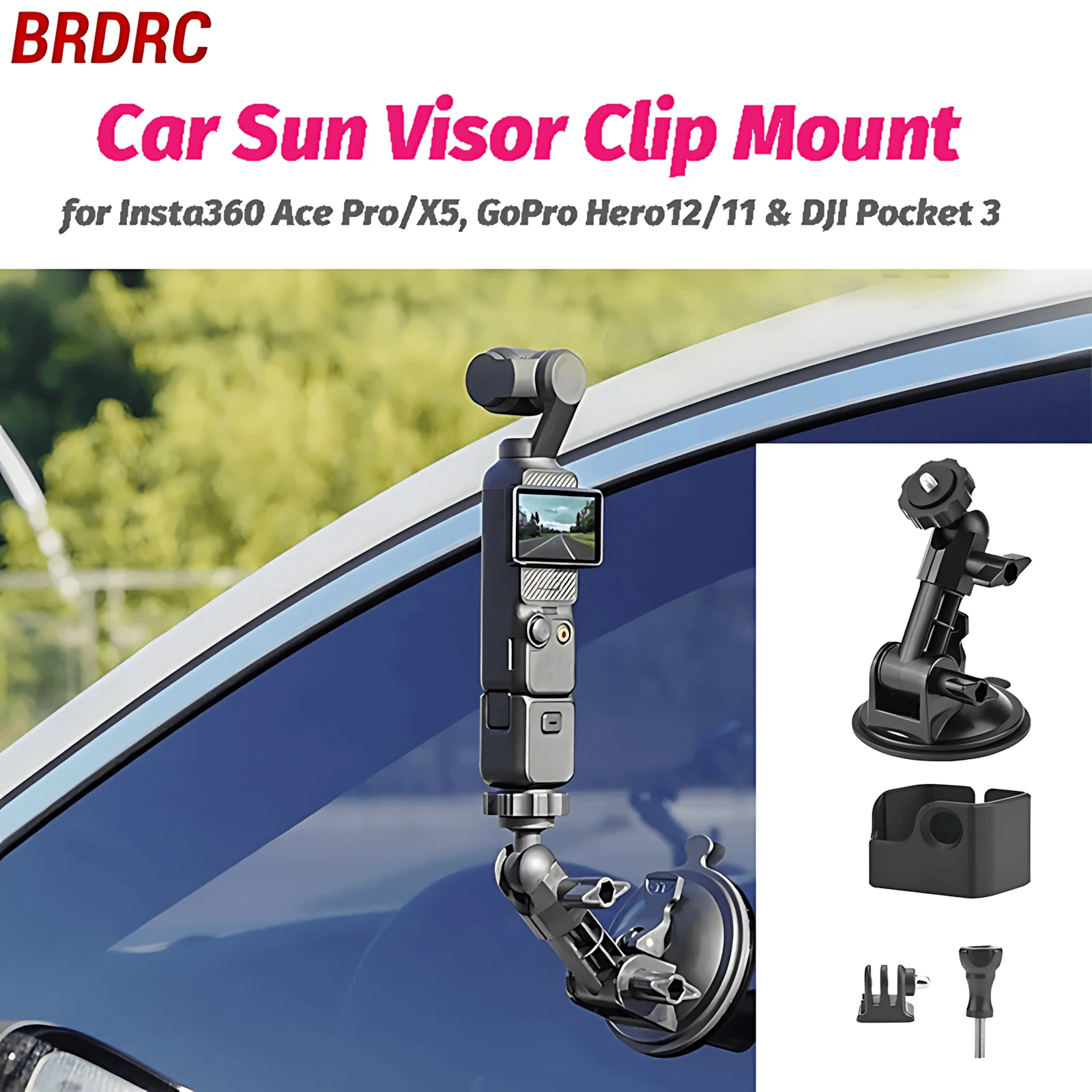 

BRDRC Car Sun Visor Clip Mount for Insta360 Ace Pro/X5, GoPro Hero12/11 & DJI Pocket 3, Anti-Vibration Camera Holder Accessory