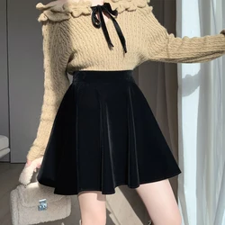 Black Velvet Short Skirt Female Autumn Winter 2023 New High Waist Vintage Slim Mini Skirts Preppy Style A-line Loose Kawaii Saia