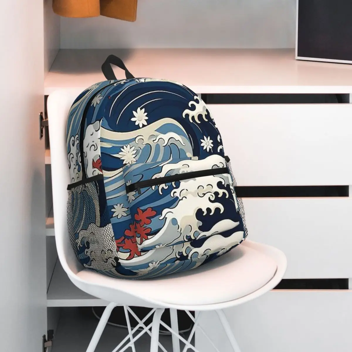 Japanese Blue Waves Art Backpack Student BookBag Kids School Bag Computer Shoulder Bags for Boys Girls