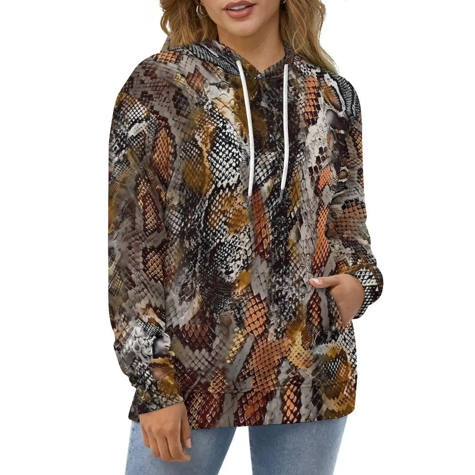 Elegant Animal Snake Skin Print Hoodies  Hip Hop Oversize Hoodie Female Long Sleeve Kawaii Graphic Casual Hooded Sweatshirts