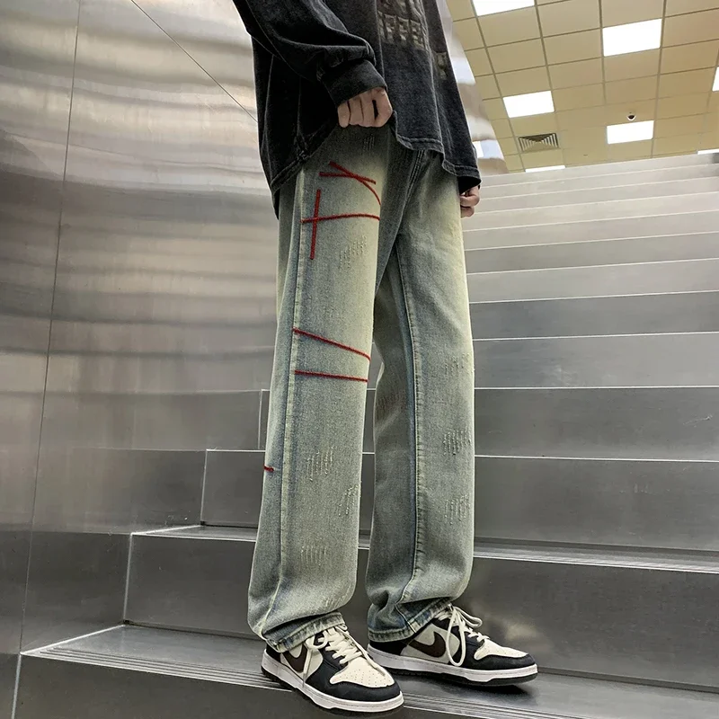 Men Loose Wide Leg Jeans Street Retro Straight Loose Denim Trousers Pockets Design Embroidery Long Pants Casual Long Pants