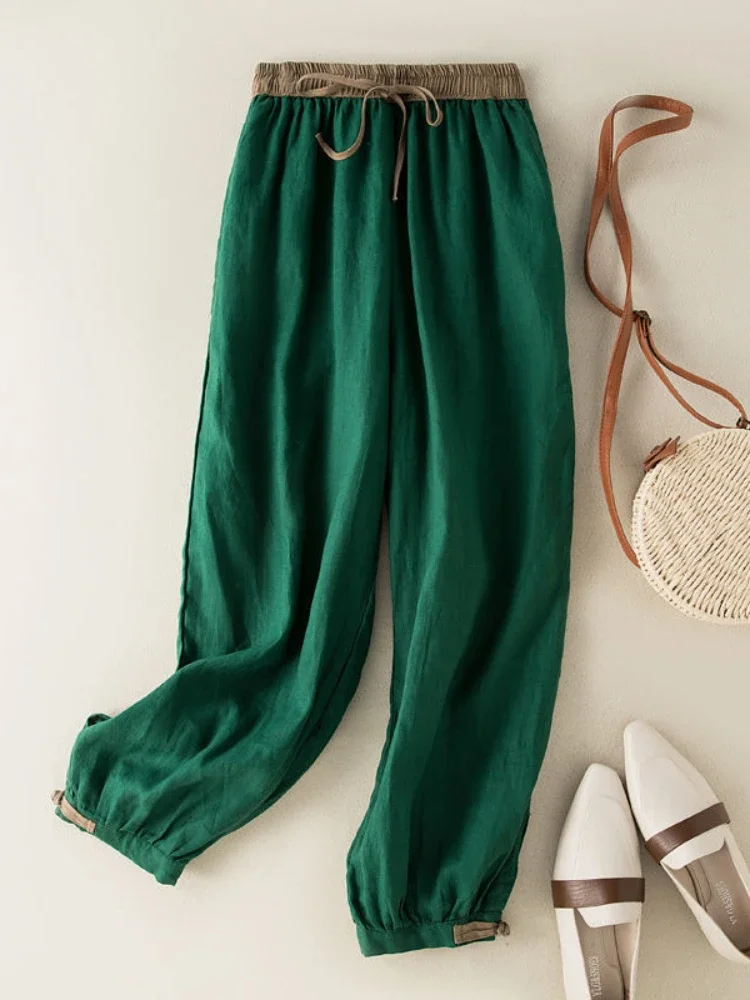 Cotton and Linen Casual Harem Pants for Women's 2024 Summer New Elastic Waist Pants Loose Simple Comfort Green Cropped Pants