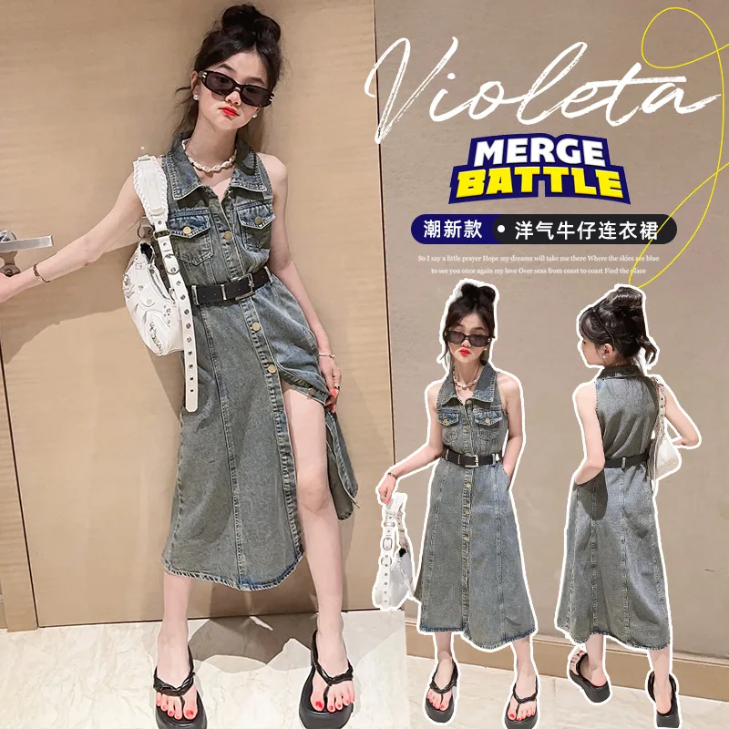 

Summer 4 6 8 10 12 14 15 teenage Girls Denim Dress kids French Retro Slim Long Dresses children frock clothes