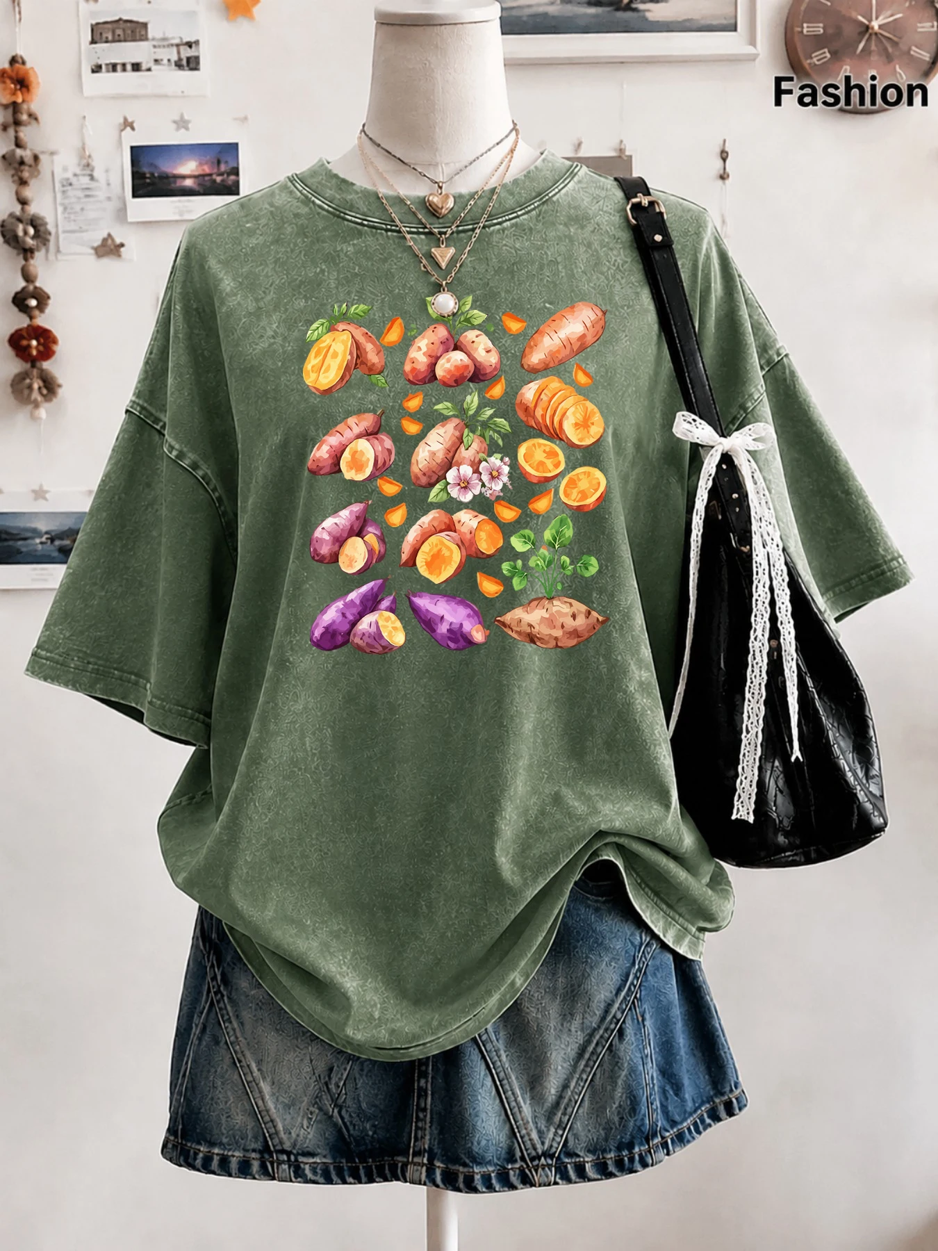 Watercolor Sweet Potato Collection Print Women'S Washed T Shirts Hip Hop O-Neck T-Shirt Cotton Clothes Loose Summer Short Sleeve