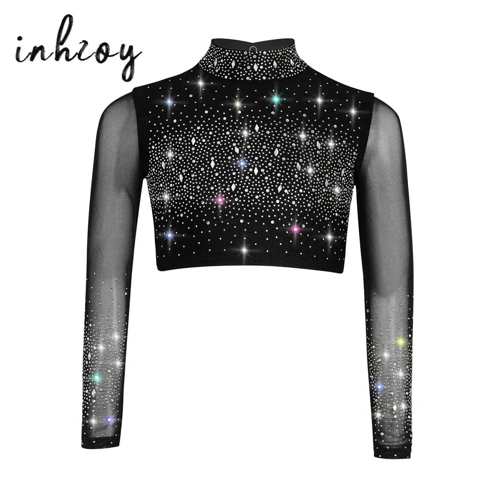 

Kids Girls Lyrical Ballet Dance Tops Mock Neck Sheer Mesh Long Sleeve Keyhole Back Shiny Rhinestones Crop Top Gymnastics Costume