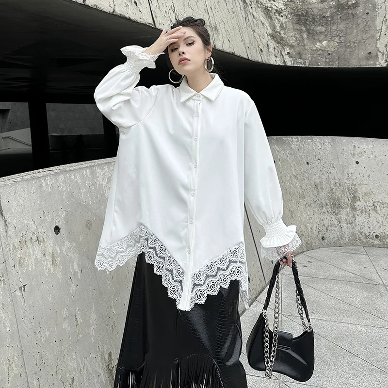 SuperAen 2025 Autumn New French Style Design Flare Sleeve Lace Patchwork Shirt for Women Fashion Asymmetrical Shirts