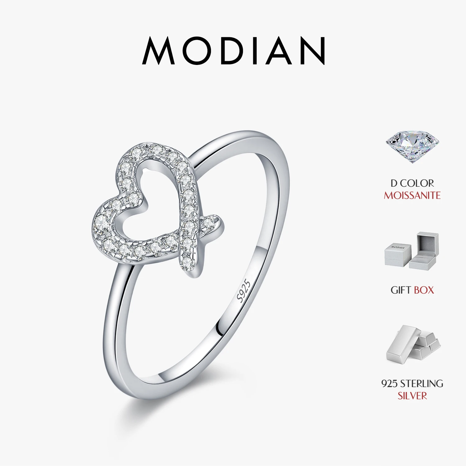 

MODIAN Sparkling D Color Moissanite 925 Sterling Silver Rings Irregular Hollow Heart Finger Rings For Women Fine Jewelry