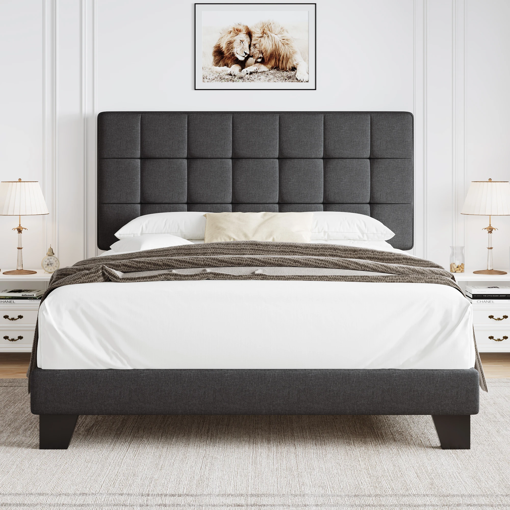 HOOMIC Upholstered Panel Bed with Adjustable Headboard, Full Bed Frame for Box Spring, Easy Assembly Allewie