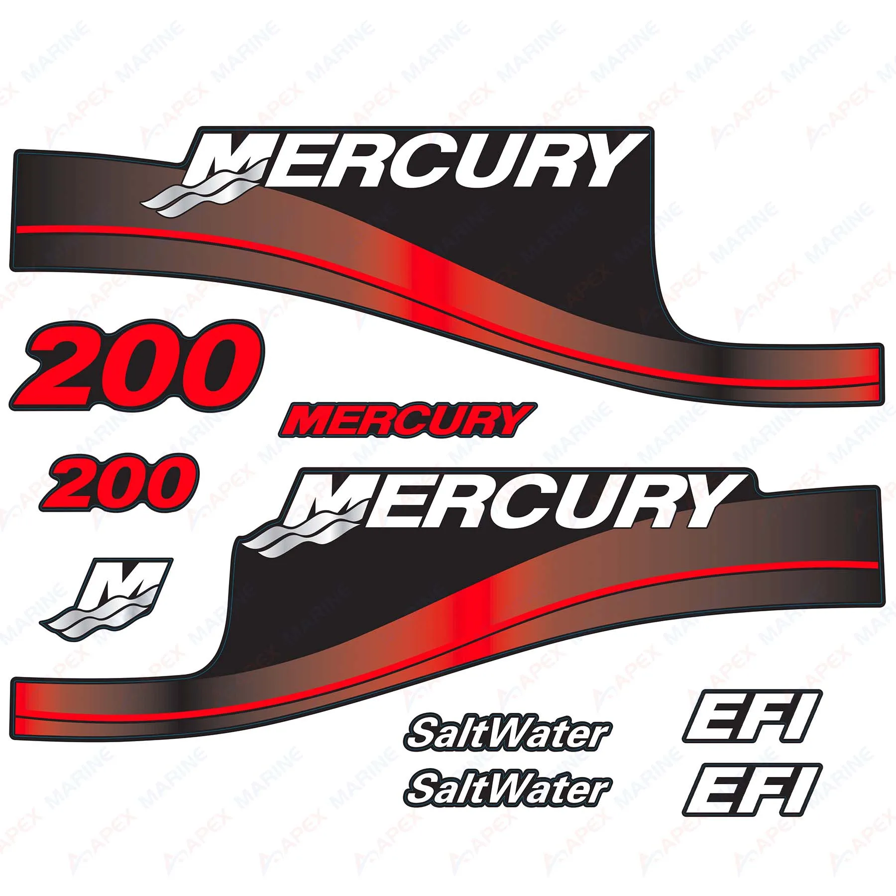 Decals for Mercury 200 HP EFI SaltWater Outboard Engine Red Decal Kit Sticker Set Reproduction 200hp Salt Water EFI