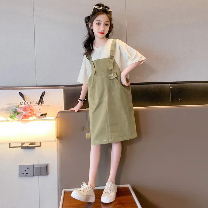 

Summer Children Girl Fake Two Piece Dress Junior Girl Suspender Teenager Girl One-piece Kids Straight