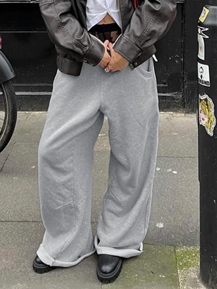 هوتشو عادية فضفاض رمادي Sweatpants النساء خمر Harajuku الهيب هوب السراويل الرياضية الشارع الشهير مستقيم الكورية موضة السراويل الصلبة