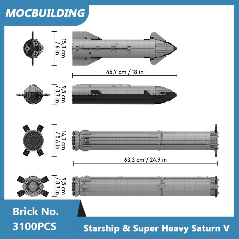 MOC Building Blocks Space Starship & Super Heavy Saturn V 1:110 Scale Model DIY Assembled Bricks Educational Toys Gifts 3100PCS