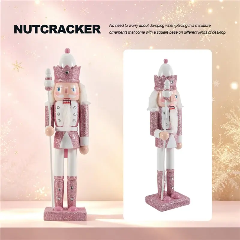VOFUN-30Cm Pink Wooden Nutcracker Solider Figurine White Hair Rhinestone Inlaid Puppet Nutcracker Soldier Ornament,1 Du